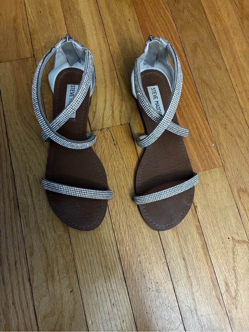Steve Madden Brown Footbed Silver Rhinestone Strappy Sandals